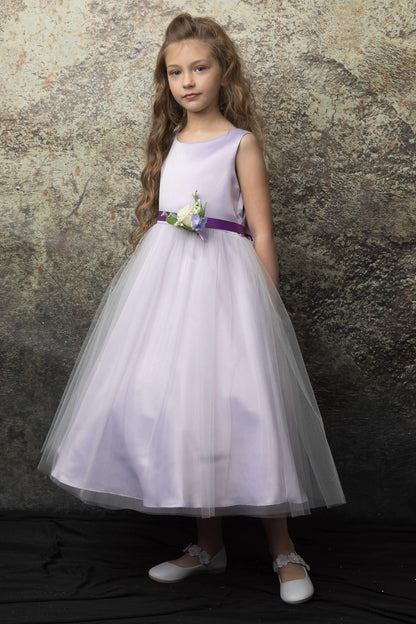 Posy Trim Flower Girl Dress Tea Length Lilac Front Live View