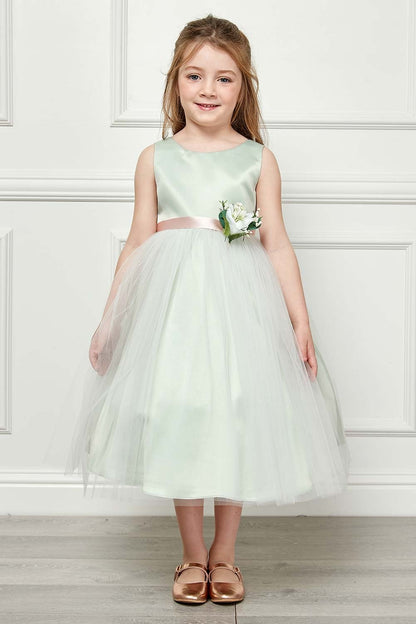 Posy Trim Flower Girl Dress Tea Length Sage Front Live View