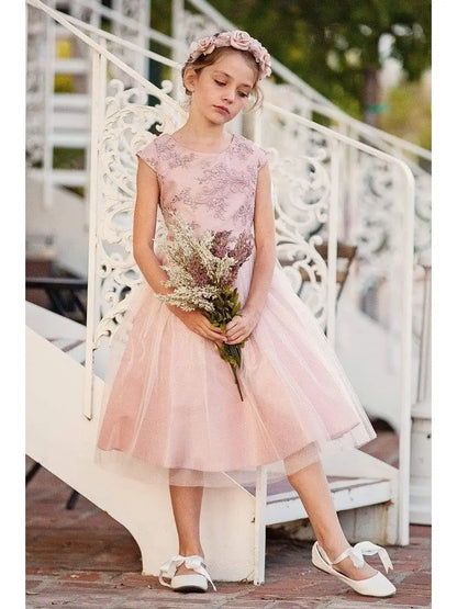 Pretty Embroidered Peak Sleeve Girls Party Dress Blush Front Live View