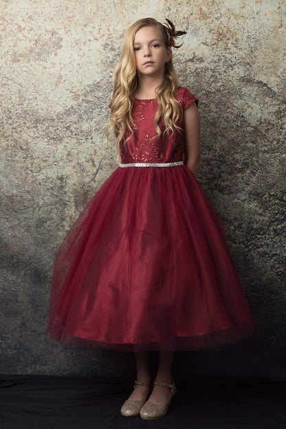 Pretty Embroidered Peak Sleeve Girls Party Dress Burgundy Front View