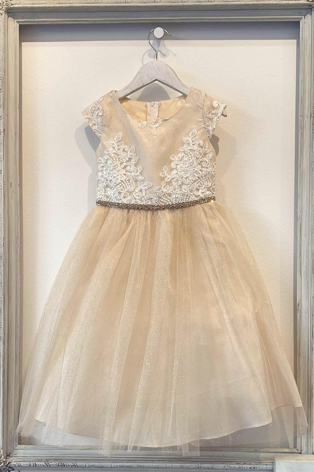 Pretty Embroidered Peak Sleeve Girls Party Dress Champagne Front Belt  View