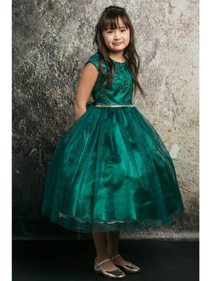 Pretty Embroidered Peak Sleeve Girls Party Dress Green Front Live View