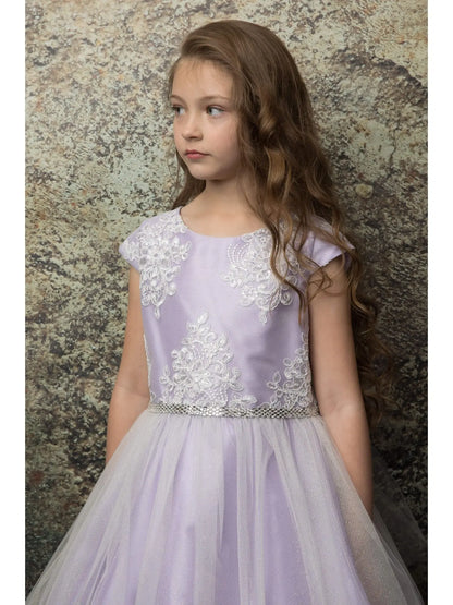 Pretty Embroidered Peak Sleeve Girls Party Dress Lilac Front Belt Live View