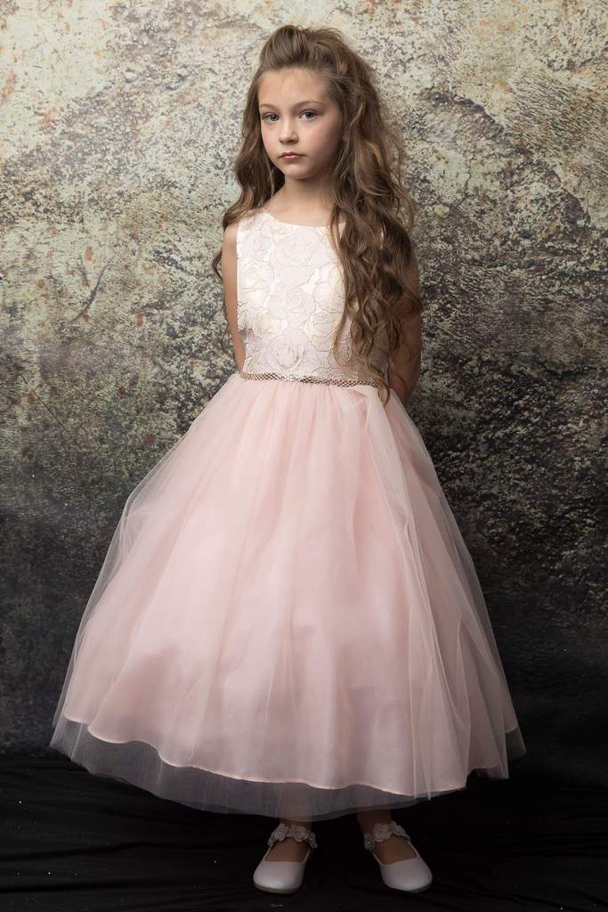 Pretty Rose Floral Brocade Girls Dress Blush Front Live View 