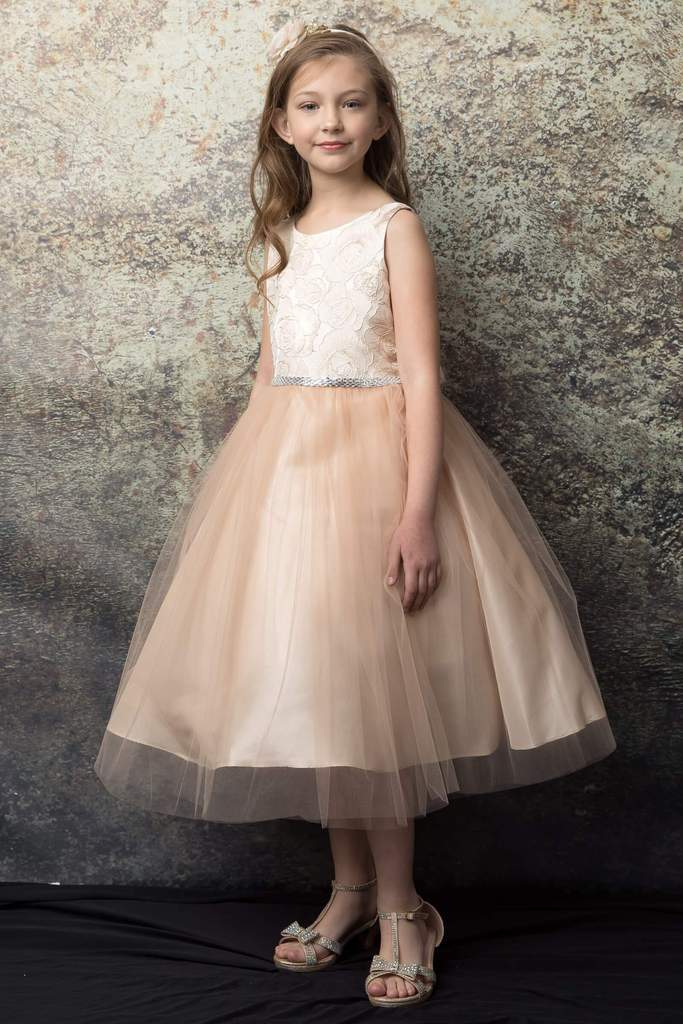 Pretty Rose Floral Brocade Girls Dress Champagne Front Live View 