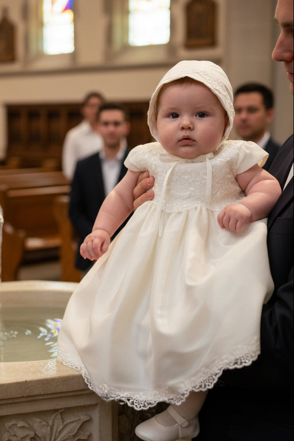 Raw Silk & Embroidered Tulle Baptism Christening Dress Canada