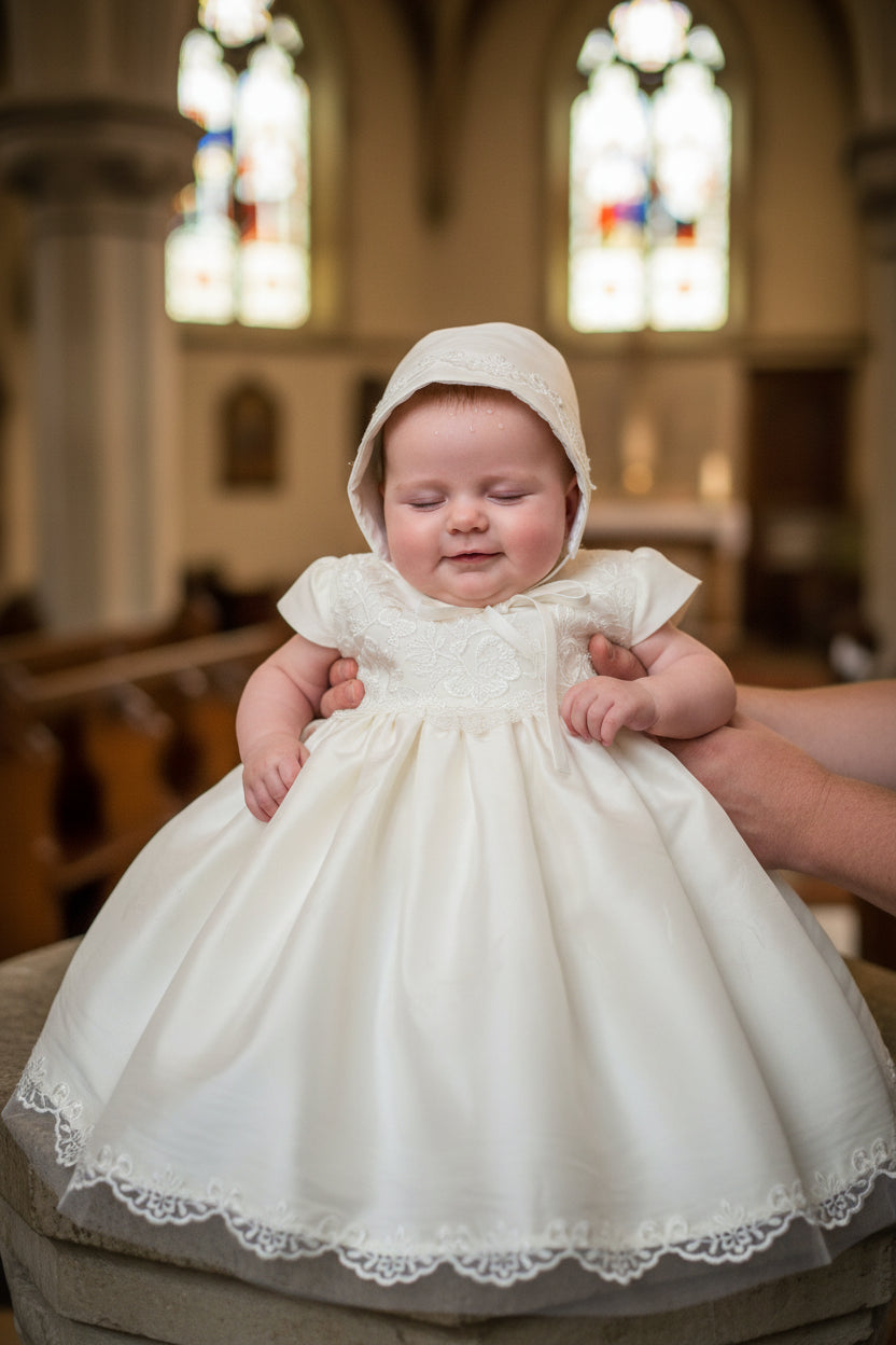 Raw Silk & Embroidered Tulle Baptism Christening Dress Canada 3