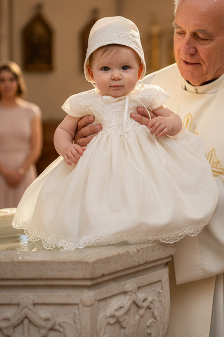 Raw Silk & Embroidered Tulle Baptism Christening Dress Canada 32