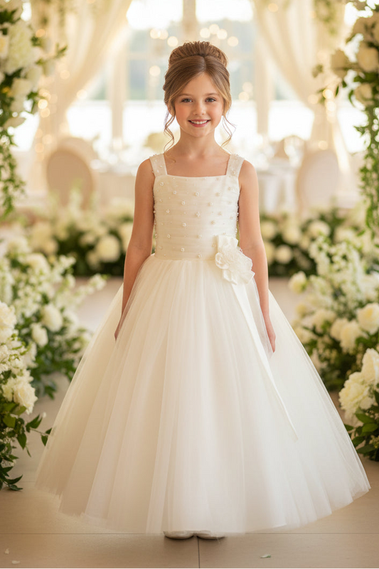 Rushed pearl top girls first communion dress ivory frount Canada Marshmallo