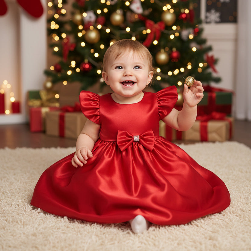 Baby Girls Satin Christmas Dress Removable Bow Canada – Grandma's Little Darlings