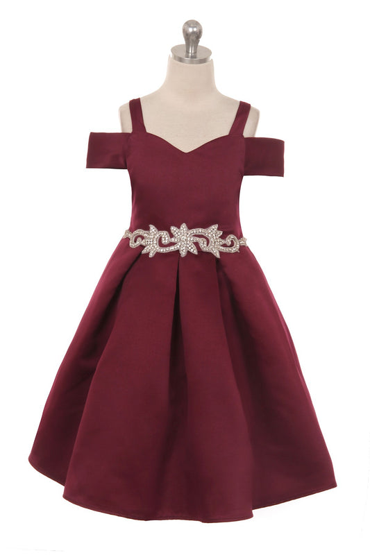 Satin Peekaboo Shoulder Girls Dress Multi Colour Burgundy Front View