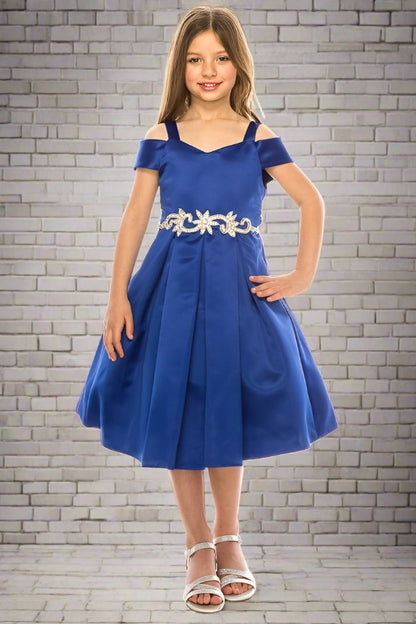 Satin Peekaboo Shoulder Girls Dress Multi Colour Royal Blue Front Live View