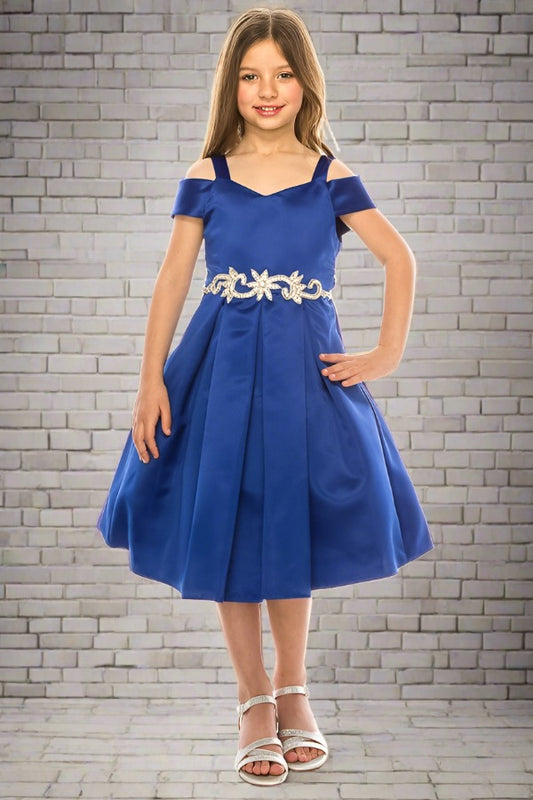 Satin Peekaboo Shoulder Girls Dress Multi Colour Royal Blue Front Live View