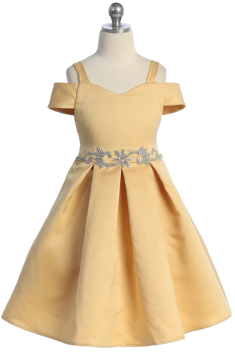 Satin Peekaboo Shoulder Girls Dress Multi Colour Royal gold 2