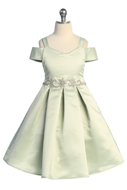 Satin Peekaboo Shoulder Girls Dress Multi Colour Royal sage Front 2