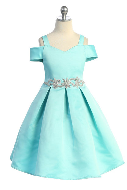 Satin Peekaboo Shoulder Girls Dress Multi Colour Turquoise Front View
