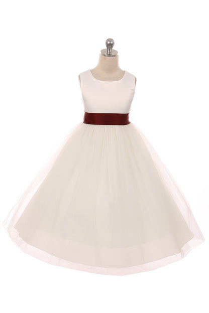  Satin Sash Bow Girls Dress Ivory Burgundy Sash Front View