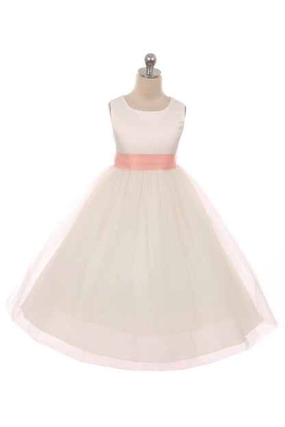  Satin Sash Bow Girls Dress Ivory Front View