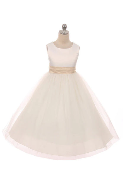 Satin Sash & Bow Girls Dress Tea Length Ivory Front View