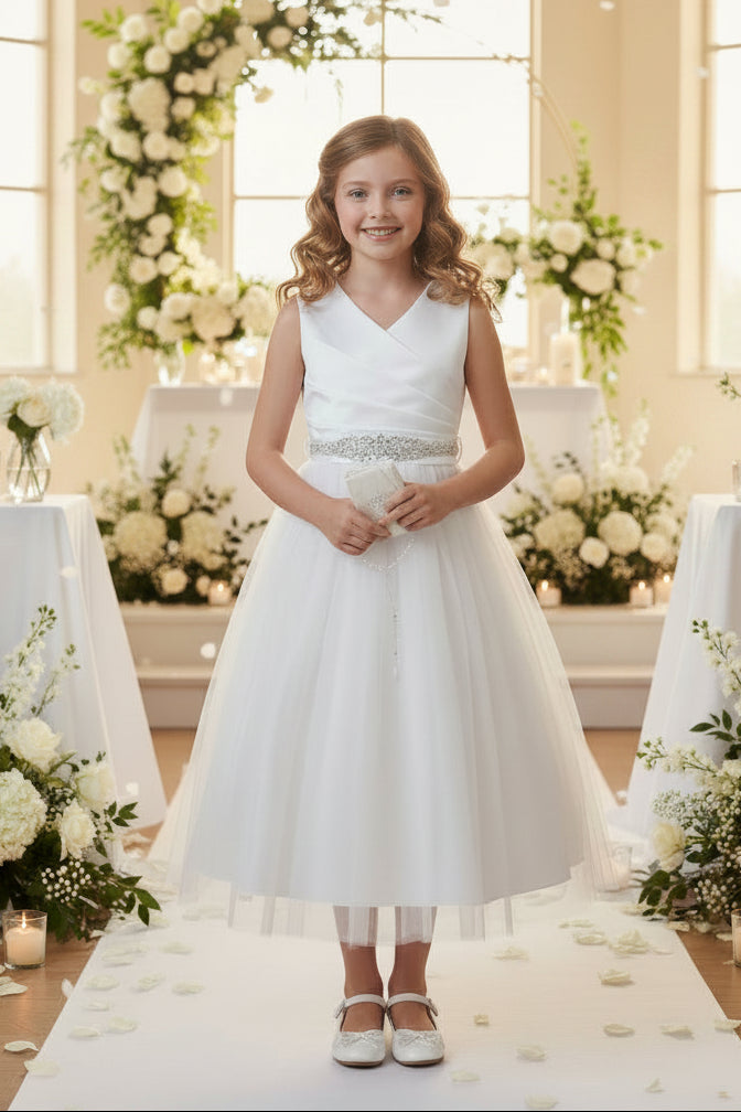 Satin Wrap Top Girls Dress Tea Length Crystal Belt White Ivory Canada top