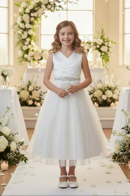 Satin Wrap Top Girls Dress Tea Length Crystal Belt White Ivory Canada top