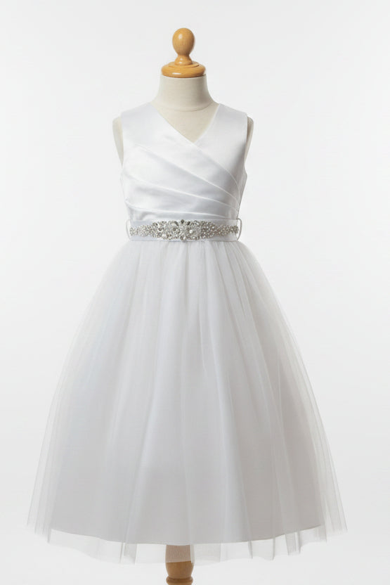 Satin Wrap Top Girls Dress Tea Length Crystal Belt White Ivory Canada