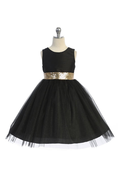 Sequined Bow Girls Party Dress Black Front View