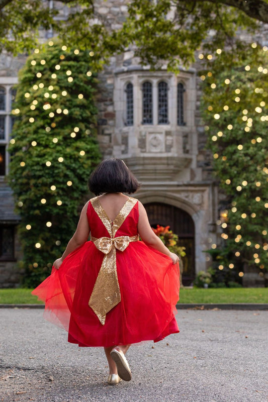 Sequined Bow Girls Party Dress Red Back View