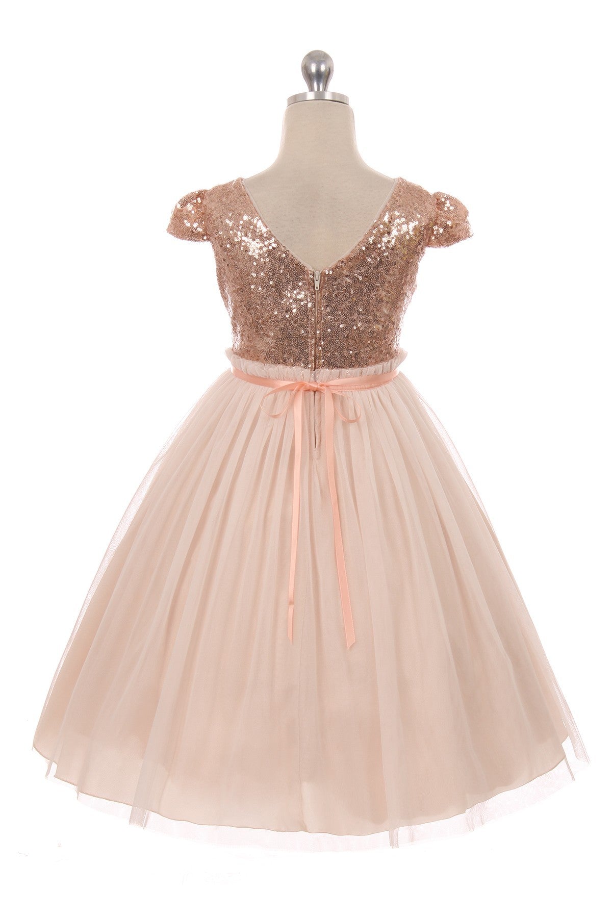 Sequined Pleated Girls Holiday Dress Tea Length Blush Back View