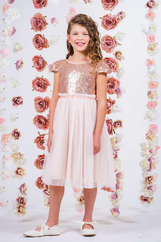 Sequined Pleated Girls Holiday Dress Tea Length Blush Front Line View
