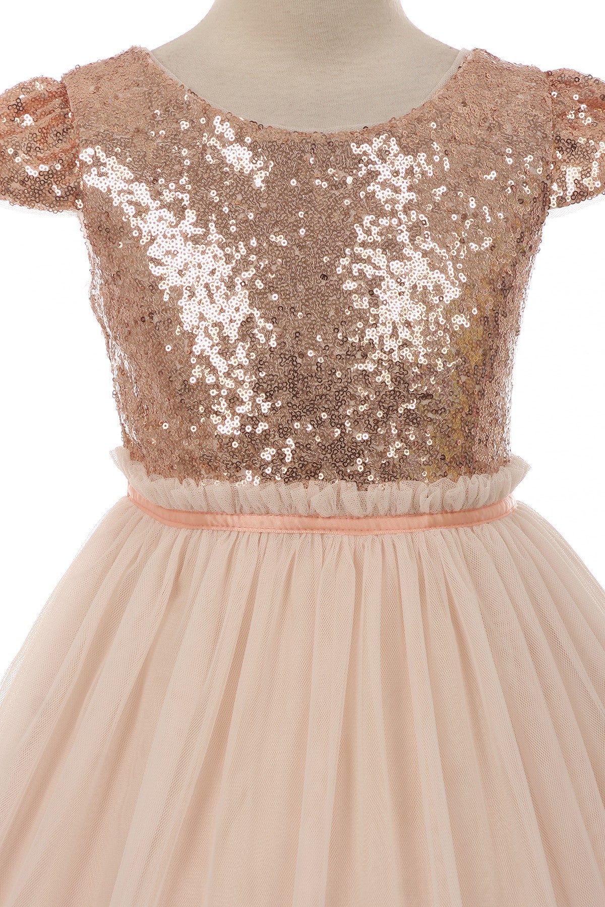 Sequined Pleated Girls Holiday Dress Tea Length Blush Top View