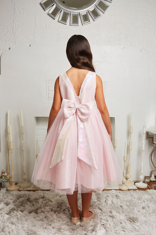 Sequined V Back Bow Girls Fancy Party Dress. Shop plus size fancy formal girls dresses and frock Canada, greater Toronto area Mississauga, Brampton Oakville ON.
