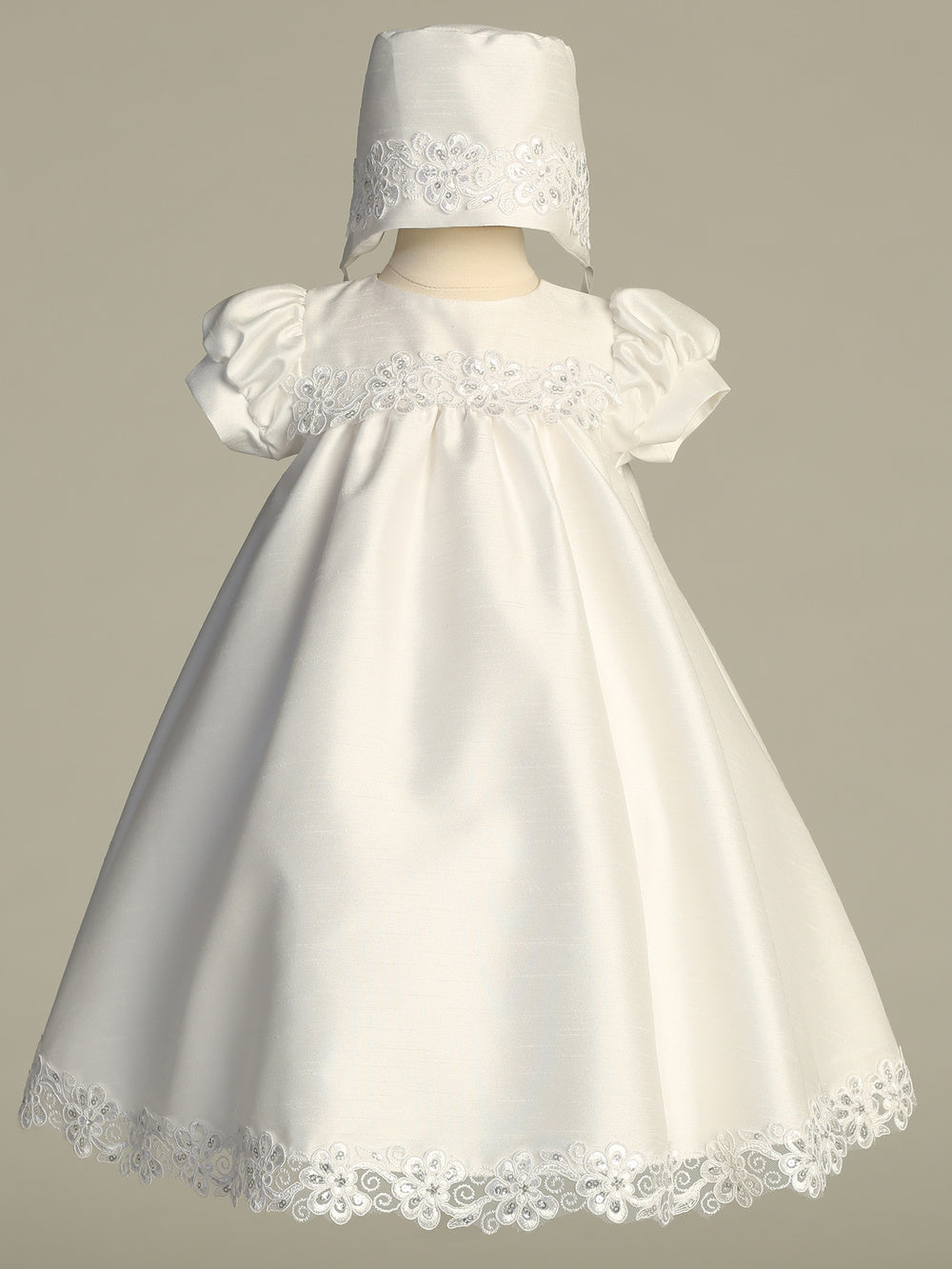 Shantung Yoke Baptism Gown Embroidered Sequins Trim White Canada