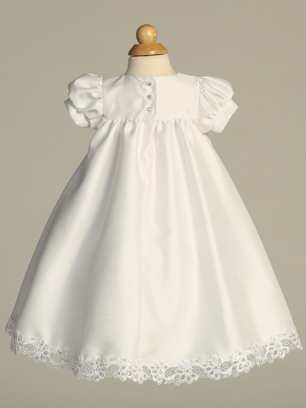 Shantung Yoke Baptism Gown Embroidered Sequins Trim White Canada back