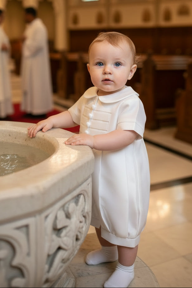 Simple Covered Button Boys Baptism Christening Romper Shantung Canada front