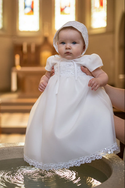 Simple Organza Yolk Baptism Gown Sequined Trim White Canada 2
