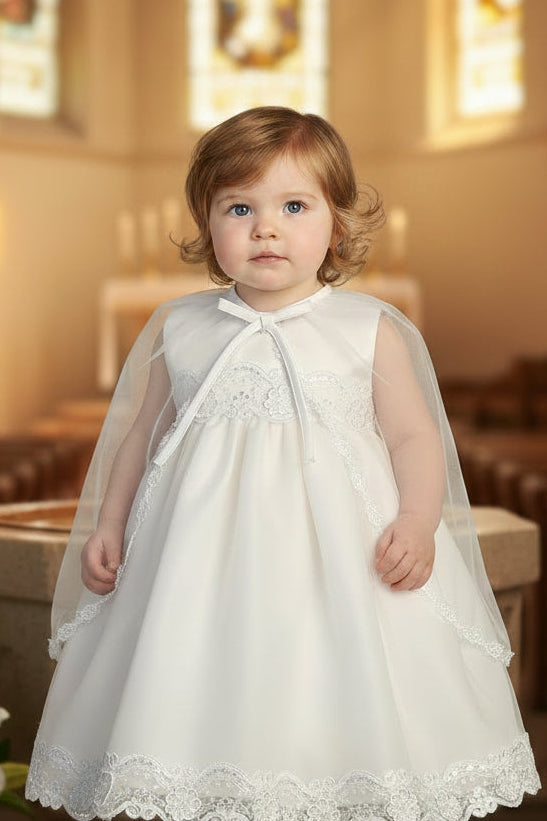 Simple Satin Top Baptism Dress With Cape White Canada close