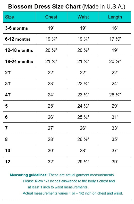 Size Chart Lito V Back Bow BL255