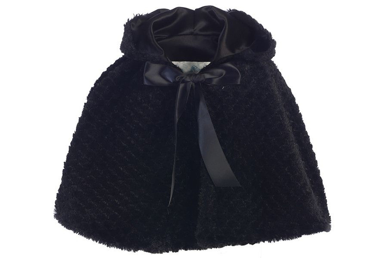 Textured Faux Fur Girls Hooded Cape Black Front View
