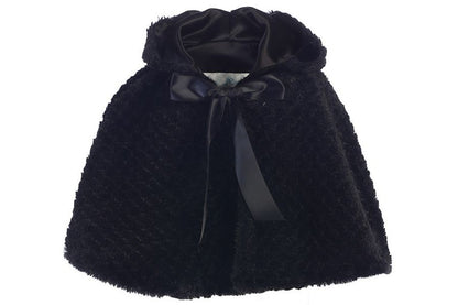Textured Faux Fur Girls Hooded Cape Black Front View