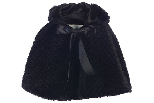 Textured Faux Fur Girls Hooded Cape Black Front View