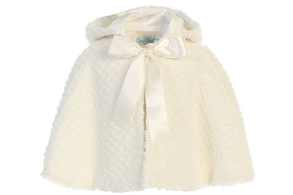 Textured Faux Fur Girls Hooded Cape Ivory Front View