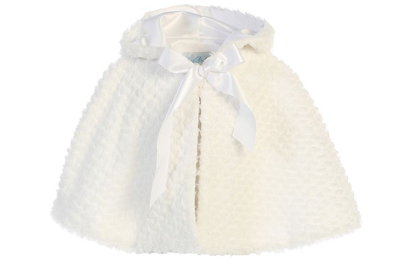 Textured Faux Fur Girls Hooded Cape White Front View