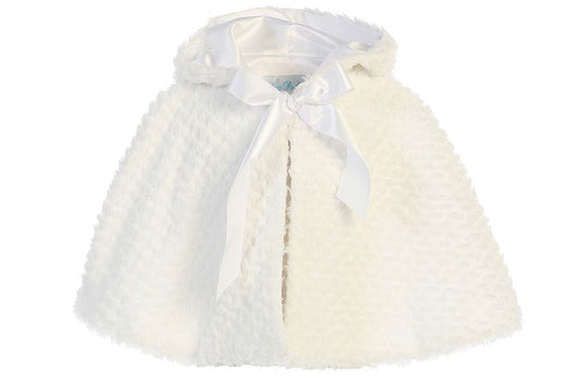 Textured Faux Fur Girls Hooded Cape White Front View