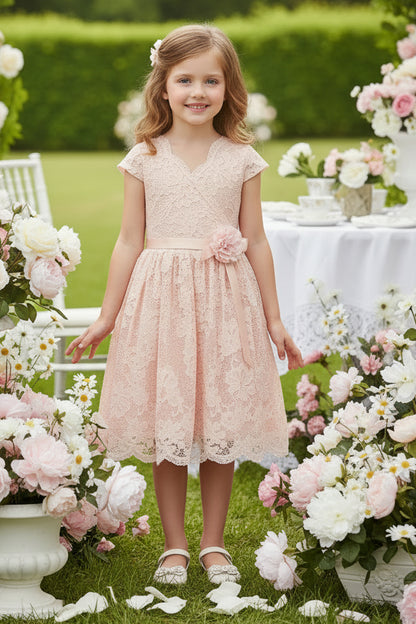 V Neck Lace Girls Dress With Beautiful Flower blush