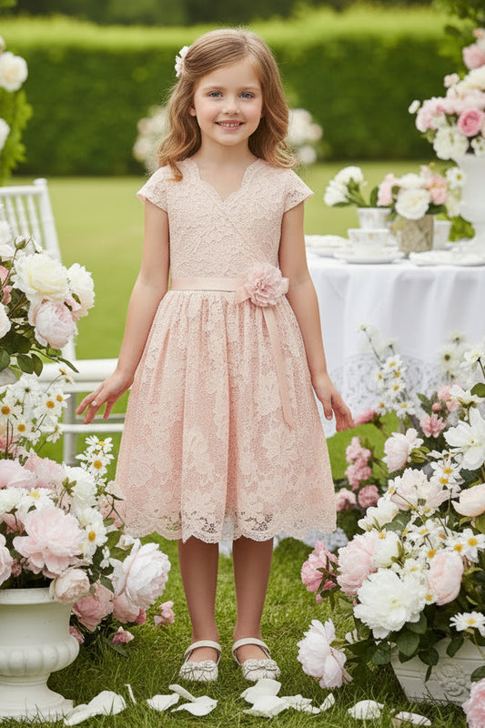 V Neck Lace Girls Dress With Beautiful Flower blush