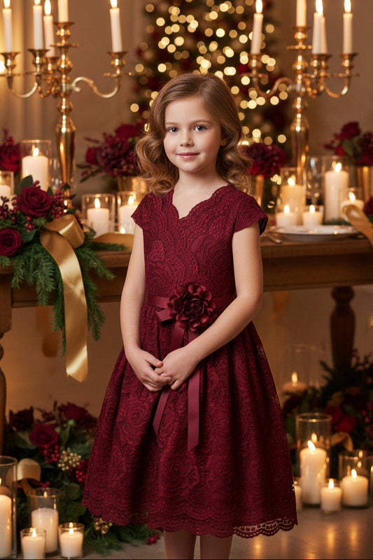 V Neck Lace Girls Dress With Beautiful Flower burgundy