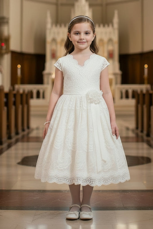 V Neck Lace Girls Dress With Beautiful Flower ivory