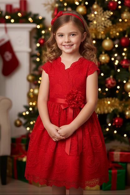 V Neck Lace Girls Dress With Beautiful Flower red