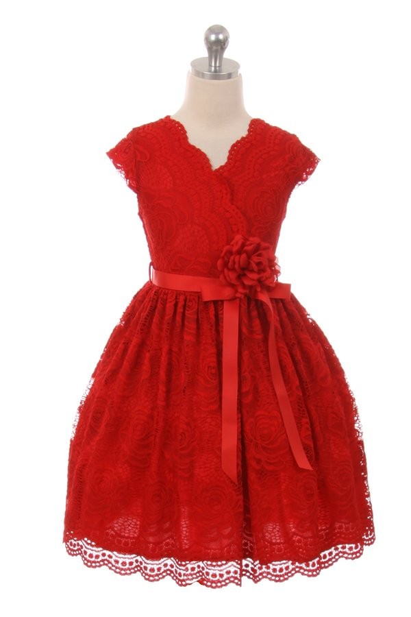 V Neck Lace Girls Dress With Beautiful Flower red 2